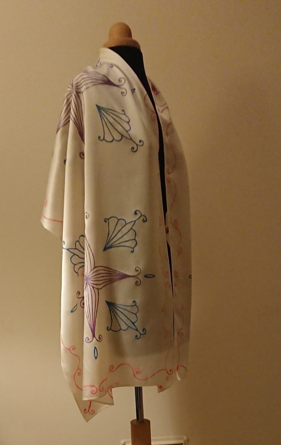 White silk stole with unique pink purple blue handpainted design, gender neutral