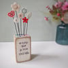 Clay Flower and Button Garden in a Wood Block 'enjoy the little things'