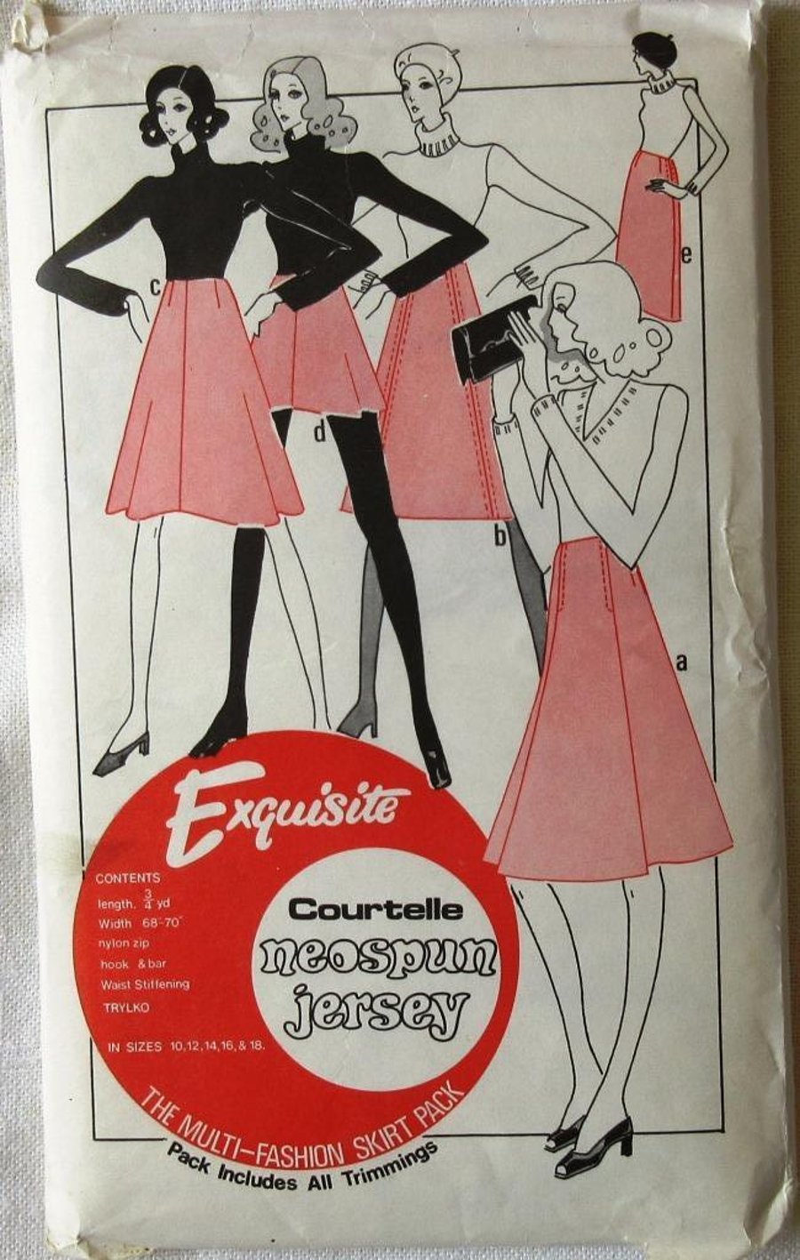 A multi-size sewing pattern for a woman's skirt in five styles in sizes 10 - 18 