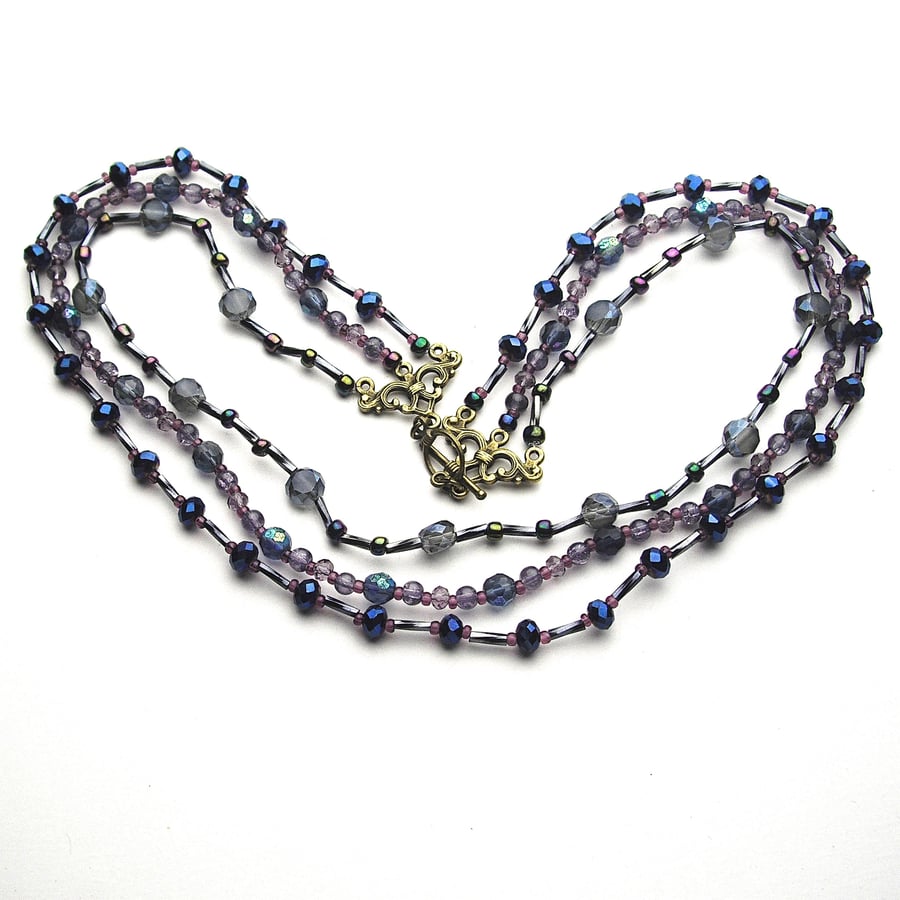 Three Strand Purple Vintage Style Necklace - UK Free Post