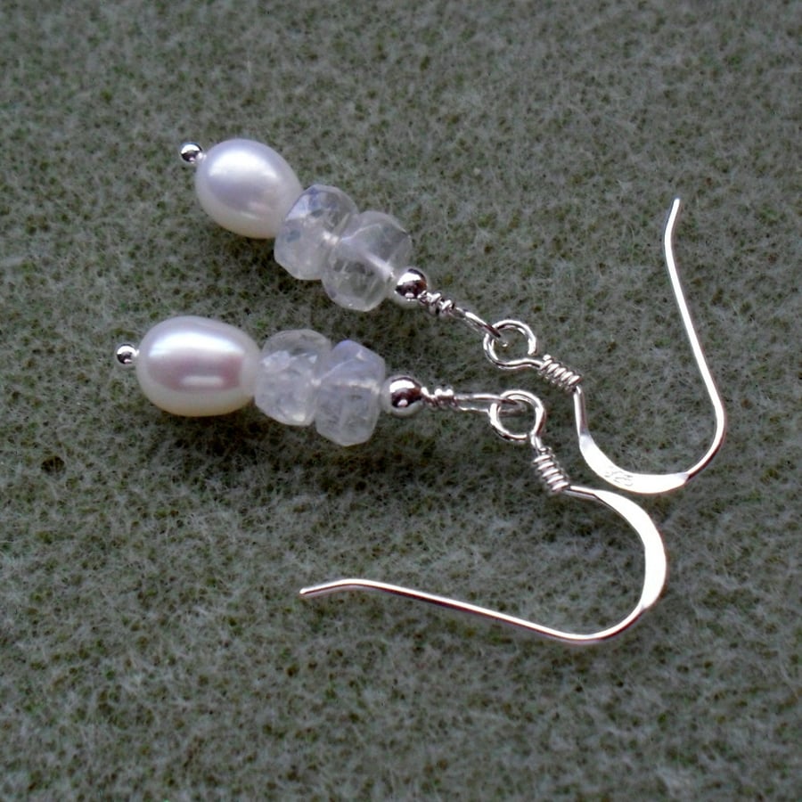 Moonstone and Pearl Earrings Sterling Silver June Birthstone