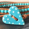 Turquoise semi precious double wrap leather bracelet with ceramic heart button 