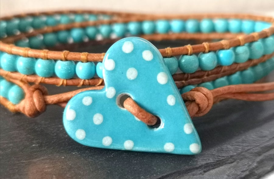 Turquoise semi precious double wrap leather bracelet with ceramic heart button 