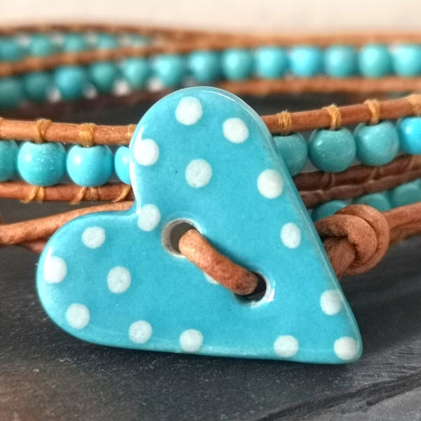 Turquoise semi precious double wrap leather bracelet with ceramic heart button 