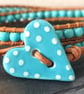 Turquoise semi precious double wrap leather bracelet with ceramic heart button  - Image 1