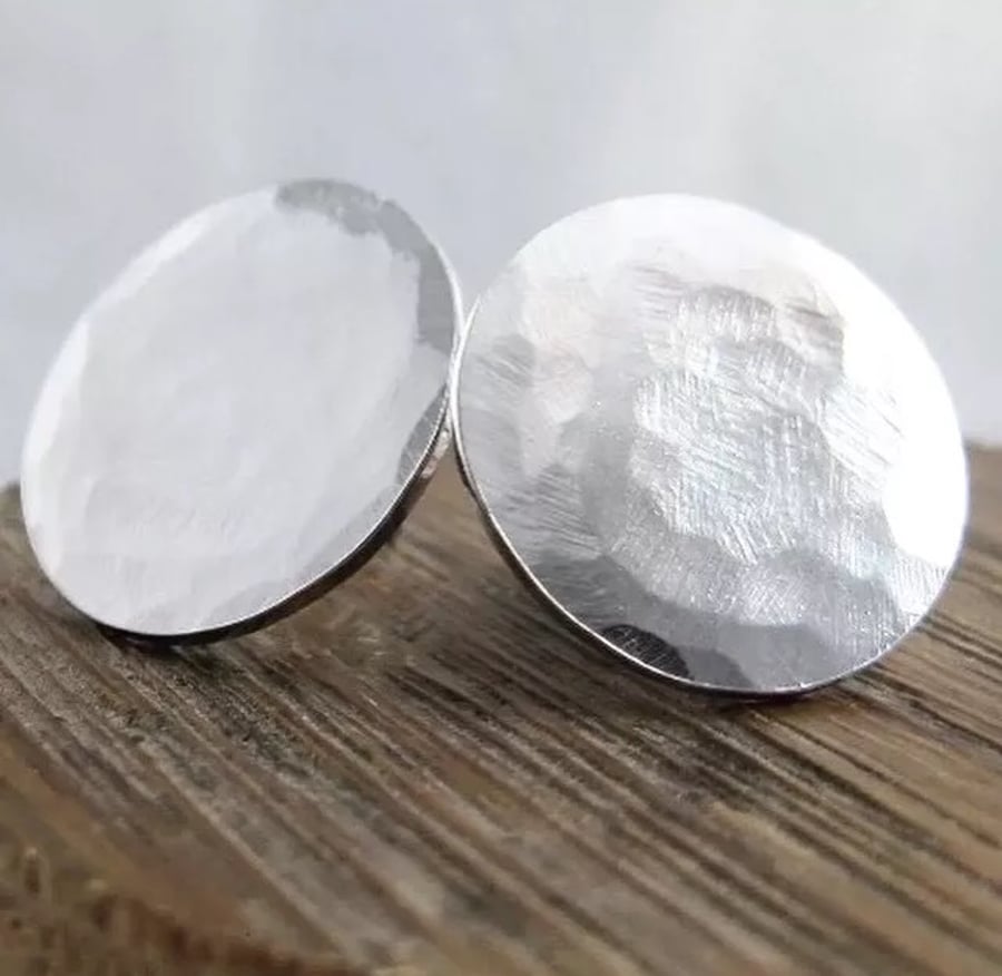 Large Sterling Silver Round Disc Ear Stud Earrings 20mm - Hammered - Handmade