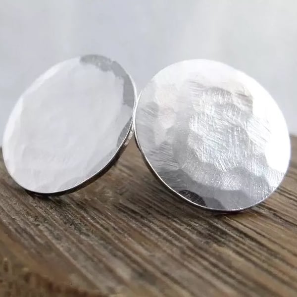 Large Sterling Silver Round Disc Ear Stud Earrings 20mm - Hammered - Handmade
