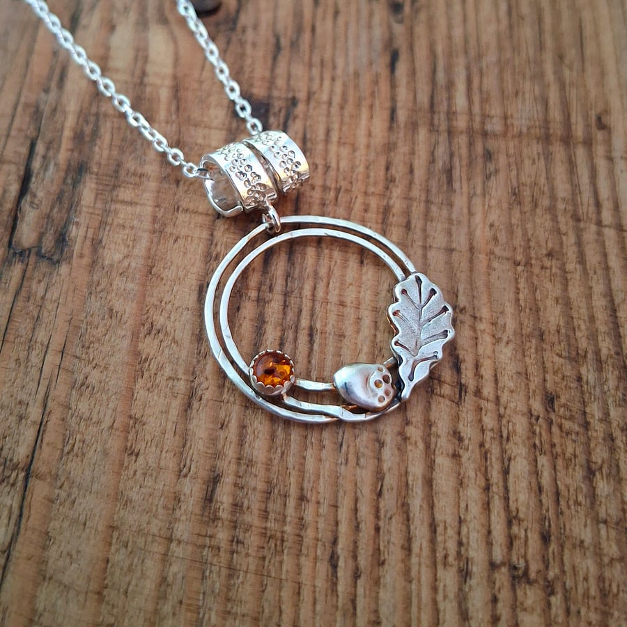 Handmade Acorn Oak Leaf Amber Silver Necklace