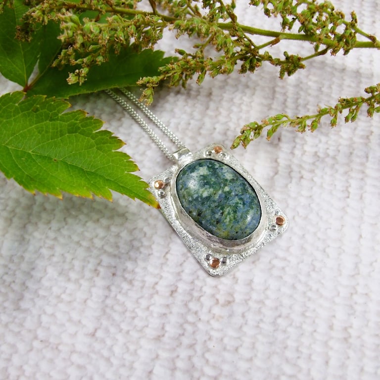 Blue Green Jasper Necklace, Sterling Silver Artisan Pendant
