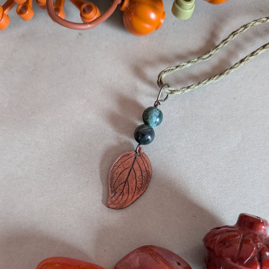 Copper leaf pendant with Indian agate beads and macrame necklace