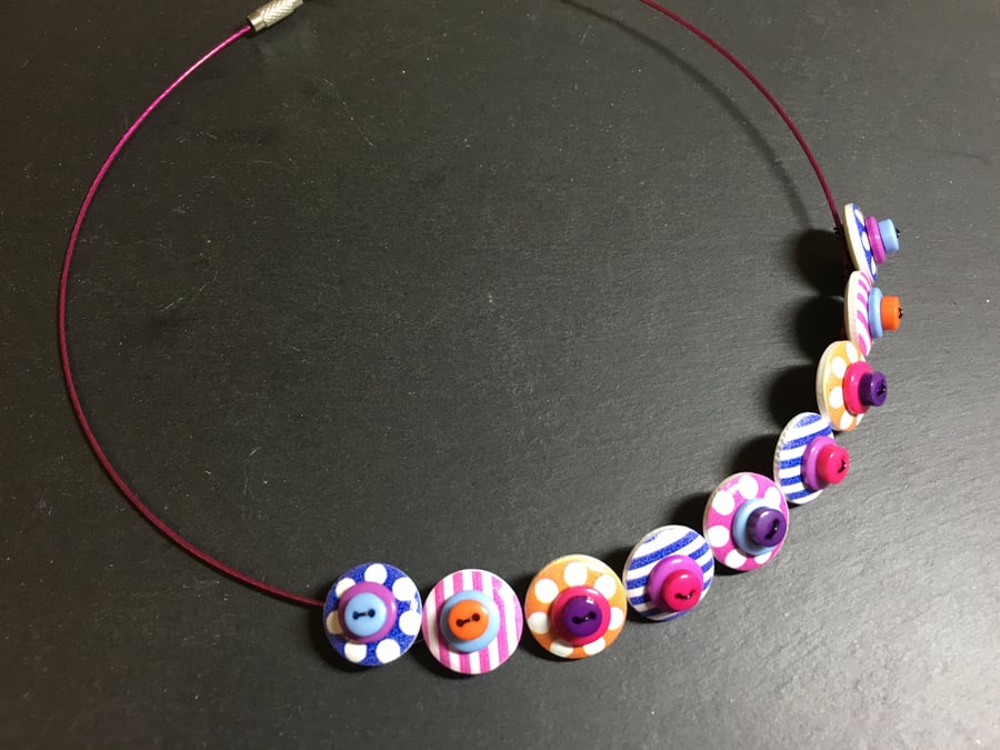 Button Necklace Spots and Stripes Wooden Button Choker Blue Purple Pink Orange
