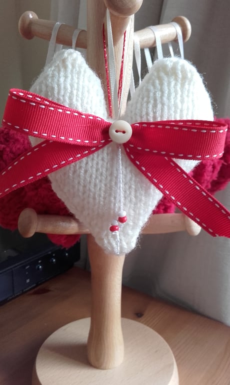 hand knitted cream heart with red bow, knitted heart with bow, cream heart
