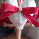 hand knitted cream heart with red bow, knitted heart with bow, cream heart