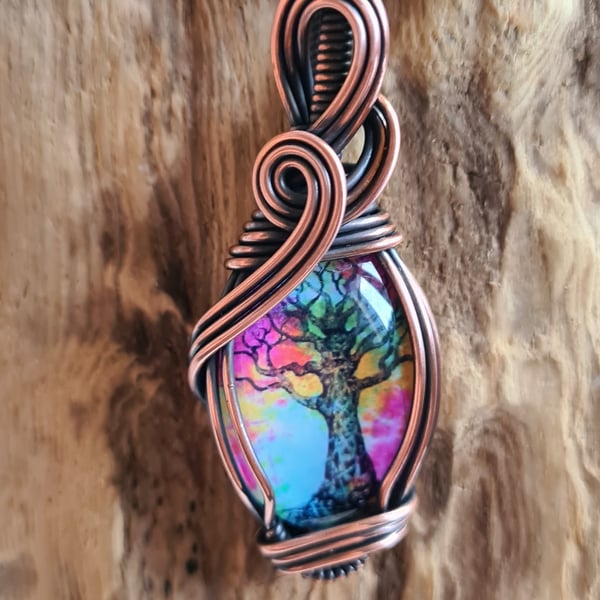 Rainbow Tree Wire Wrapped Copper & Glass Pendant Necklace Gift Jewellery Jewelry