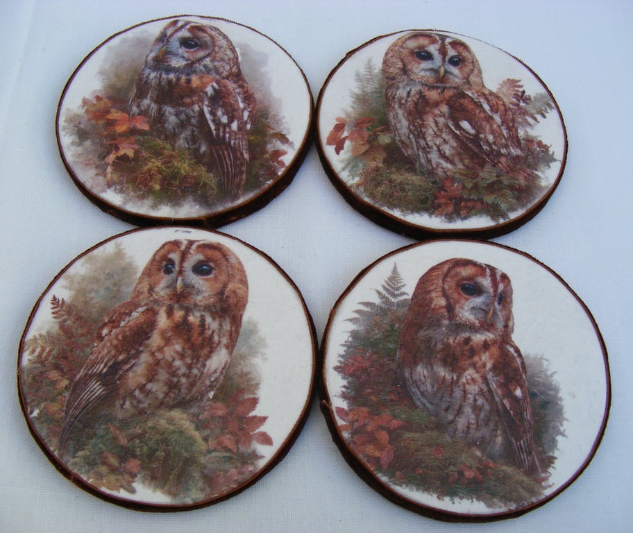Set of 4 decoupaged round wooden owl coasters