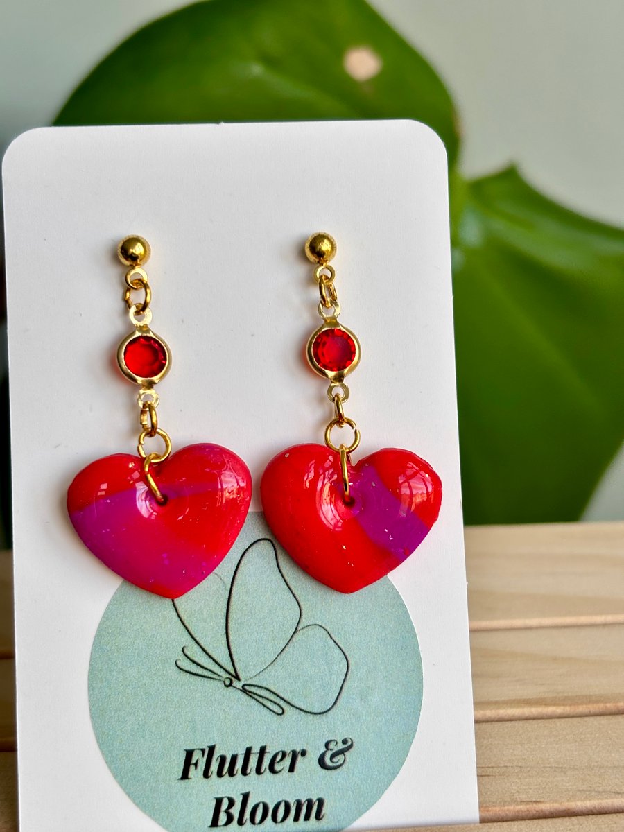 Red & Purple Dangle Heart Earrings – Handmade Statement Jewellery