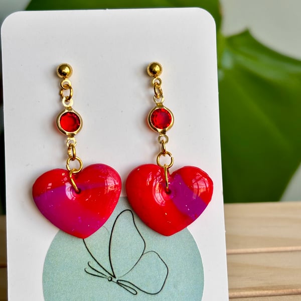 Red & Purple Dangle Heart Earrings – Handmade Statement Jewellery