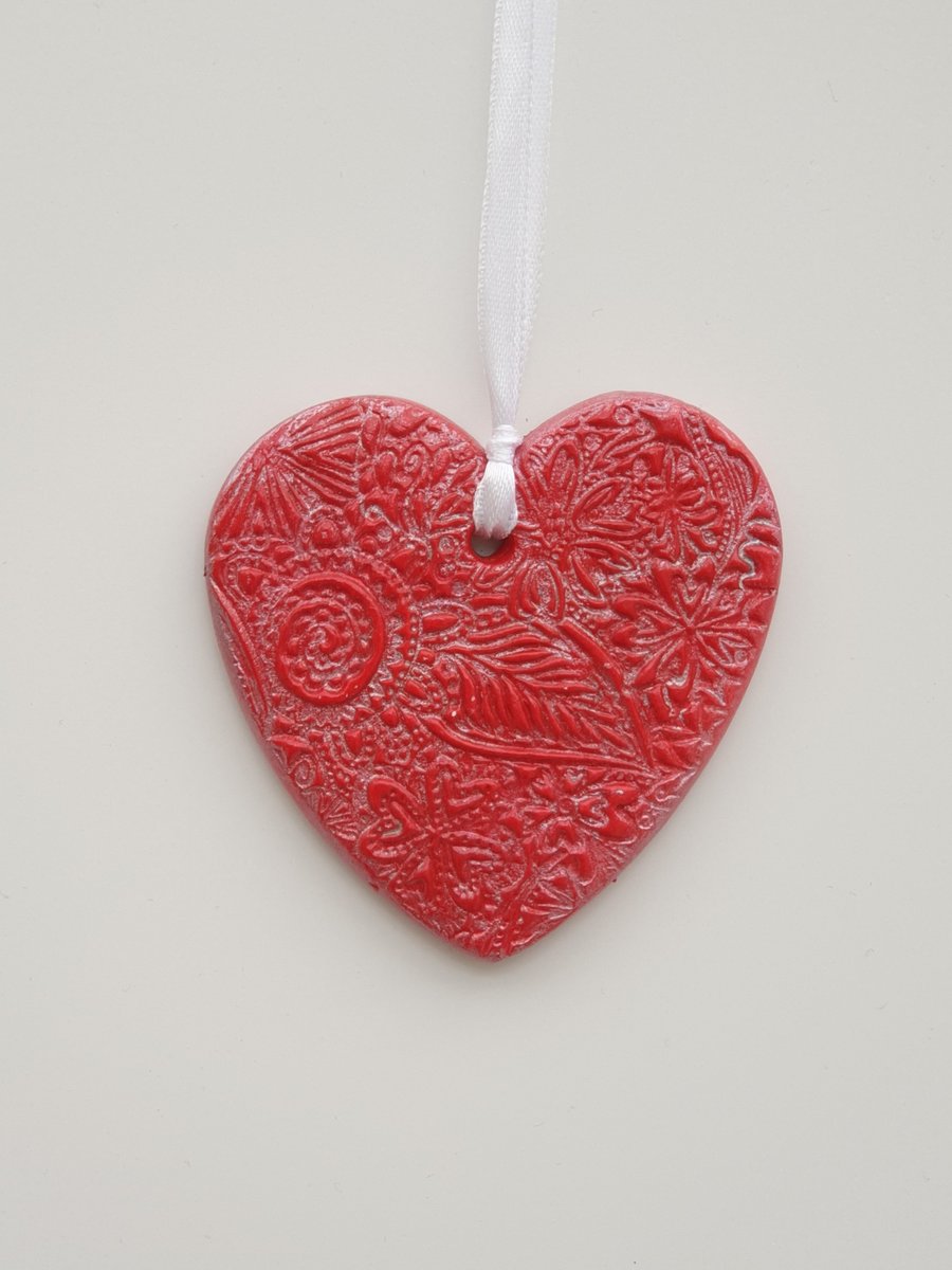 Heart, red and silver clay hanging decoration, Valentines gift