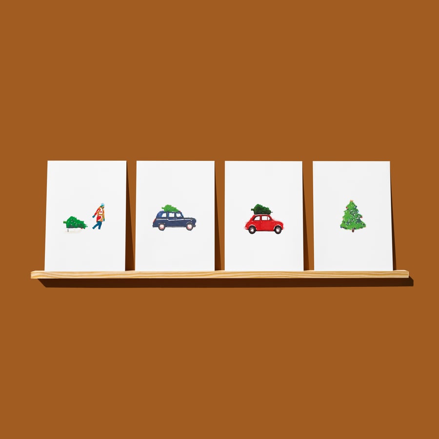 Christmas Cards Pack of 4 watercolour style tree collection 