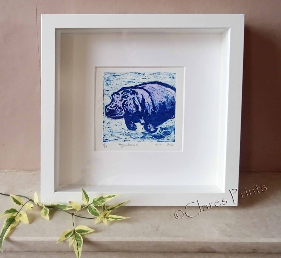 Purple Hippo Swim 3 Art Original Collagraph Print Animal