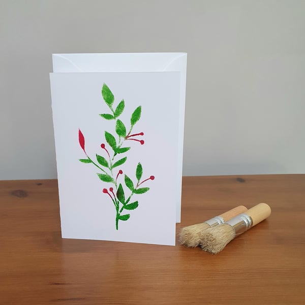 Stencilled Leaves and Red Flower Buds Greeting Card 