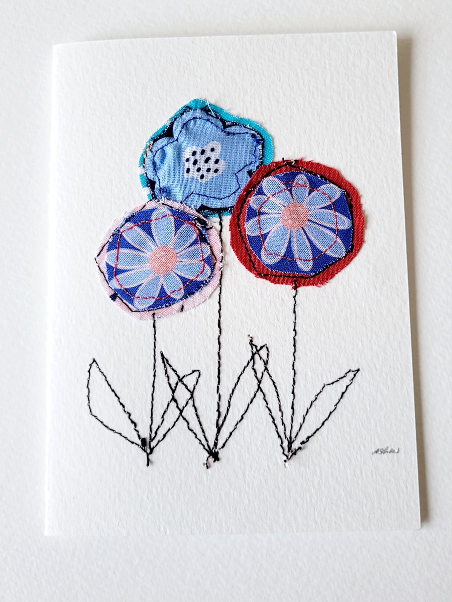 Handmade 'Flower Trio' Fabric Blank Greeting Card 