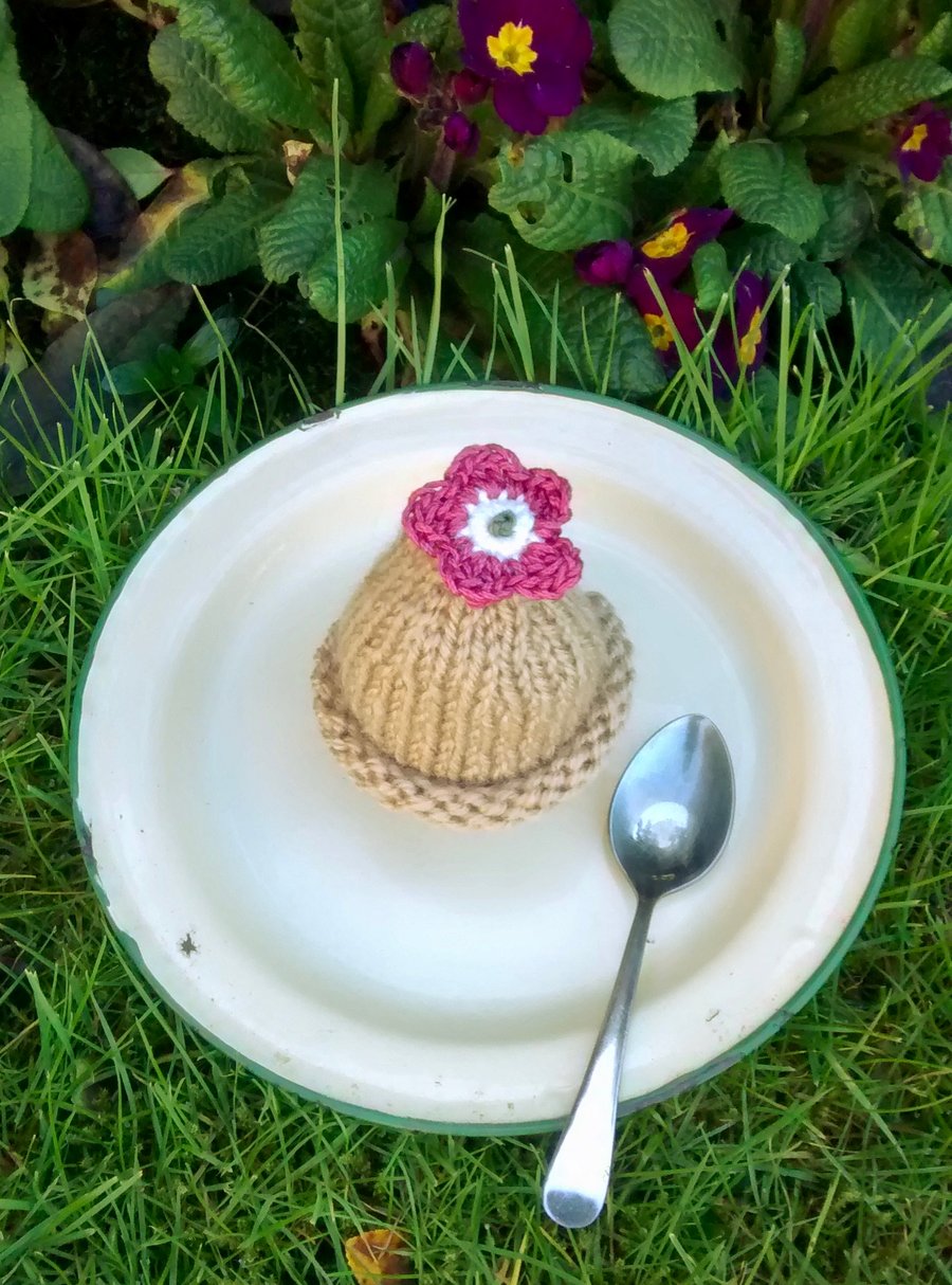 SALE - Caramel Egg Cosy with Rose Pink Flower, Easter Gift, Egg Cozy