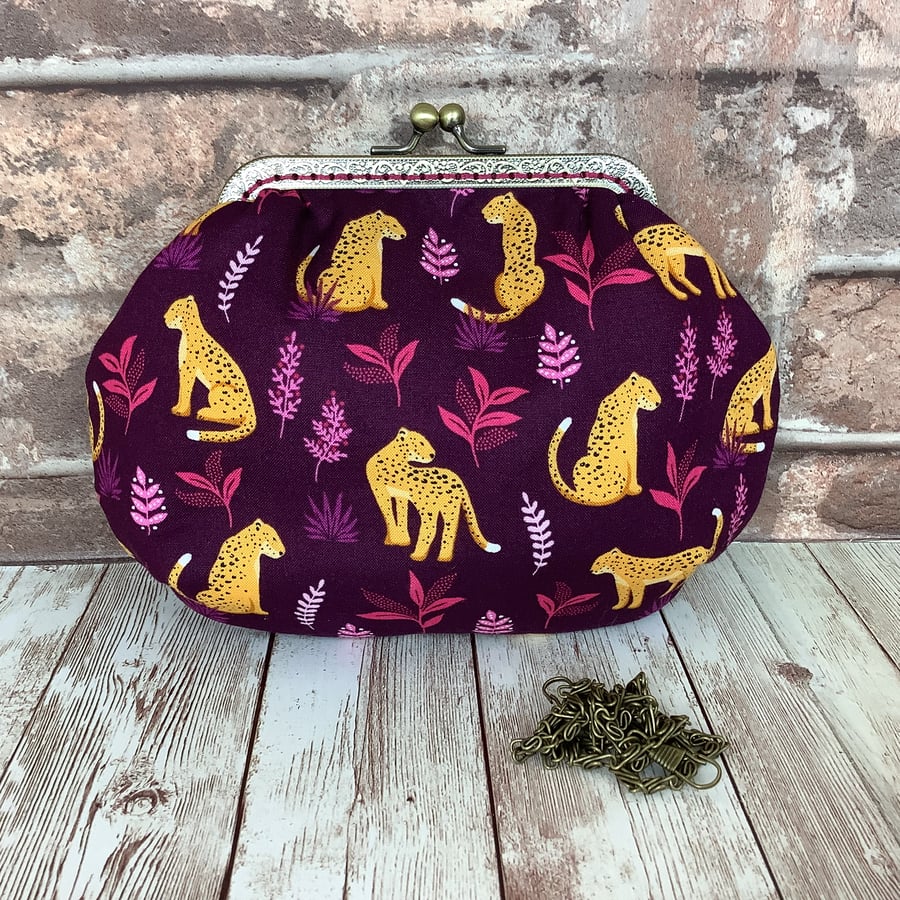 Cat small fabric frame clutch makeup bag handbag purse Panther leopard