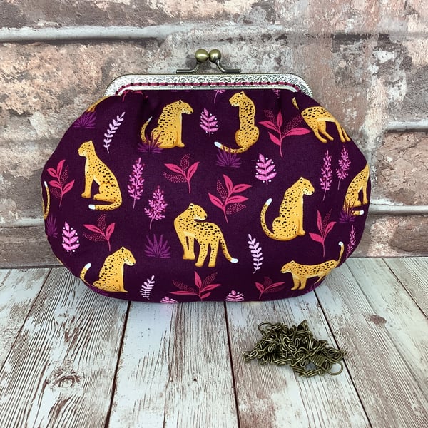 Cat small fabric frame clutch makeup bag handbag purse Panther leopard
