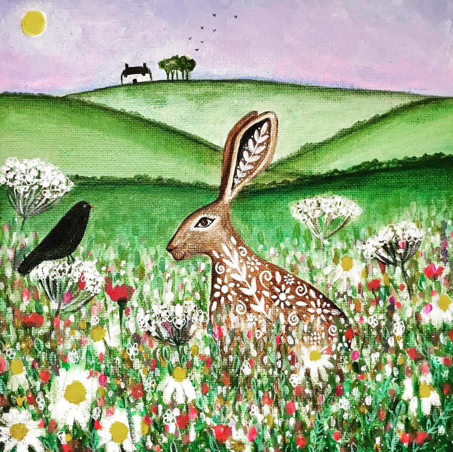 Floral Hare, blank greetings card