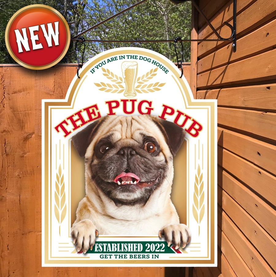 The Pug Pub - Hanging personalised bar sign