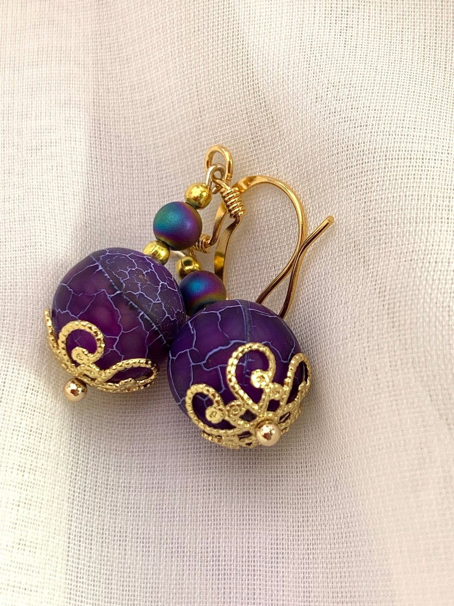 Purple dragon vein and rainbow hematite earrings with gold plated filigree