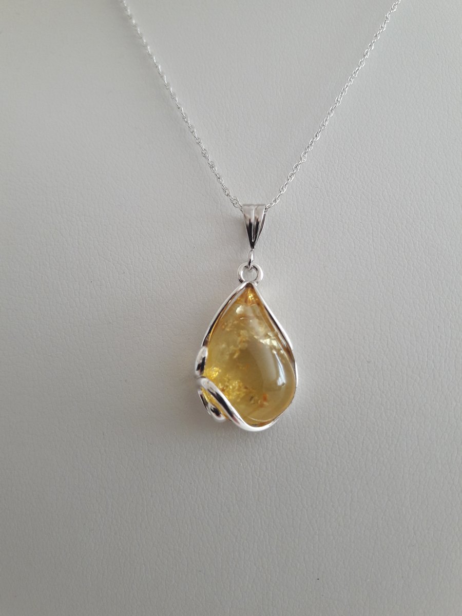 Amber Lemon Drop and Sterling Silver Necklace. Rare Amber, Gift, Handmade