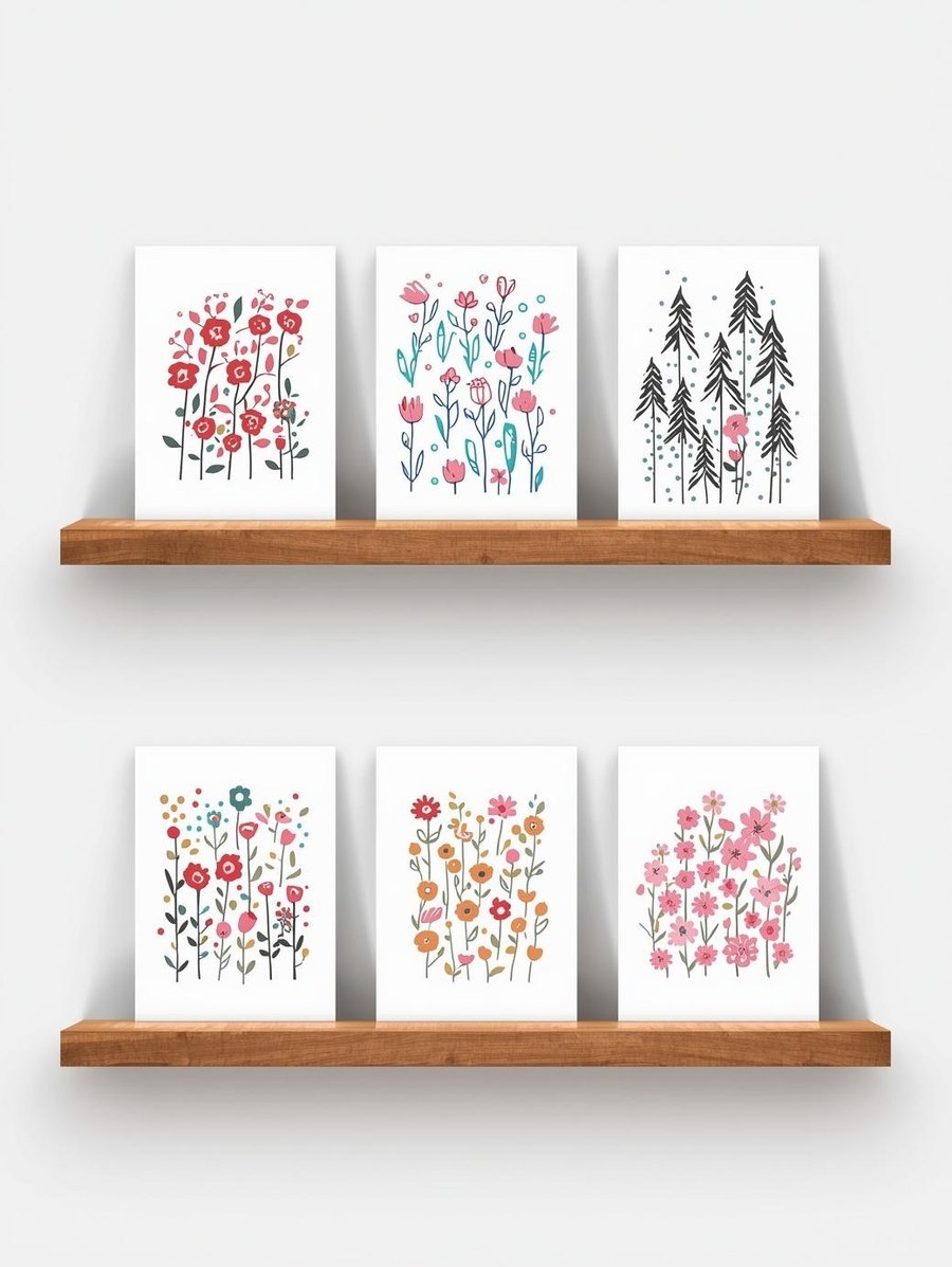 Pack of 6 -  Flowers - Floral - A6 White Linen Note Cards & Envelope Set