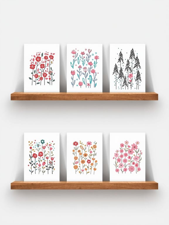 Pack of 6 -  Flowers - Floral - A6 White Linen Note Cards & Envelope Set