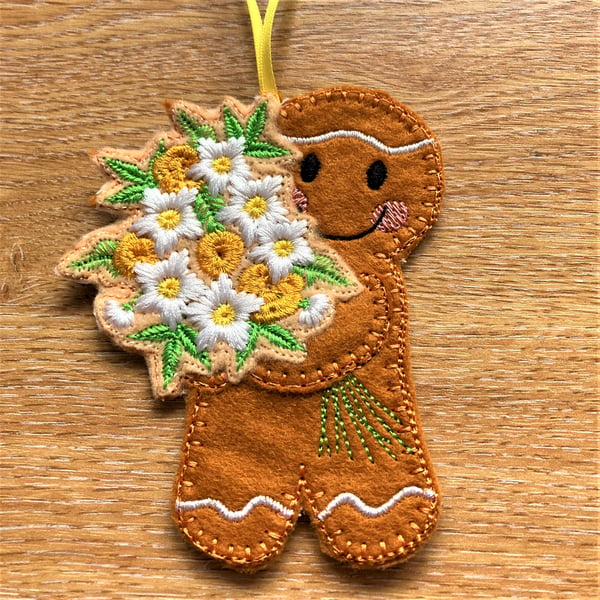Gingerbread Man with bunch of flowers in yellow and gold
