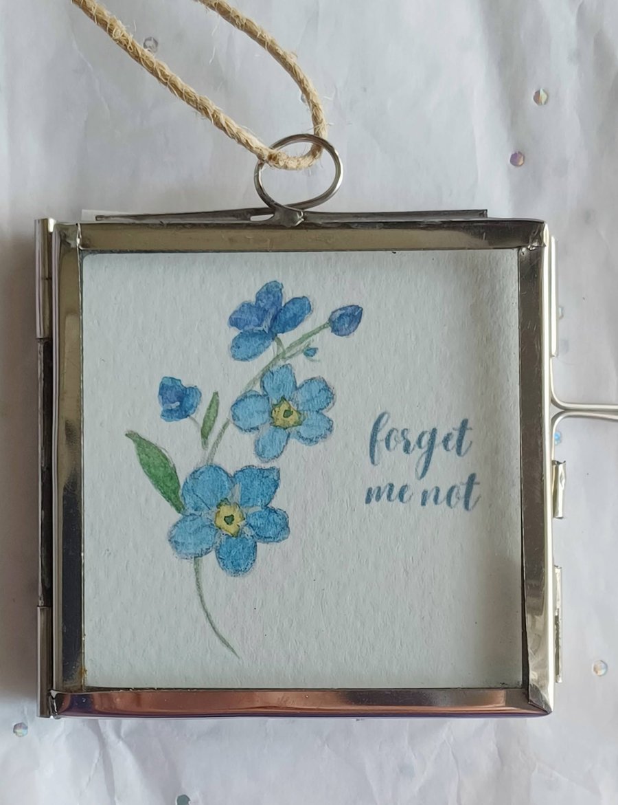 Handpainted Watercolour Forget-me-Not Flowers in a Miniature Silver Frame