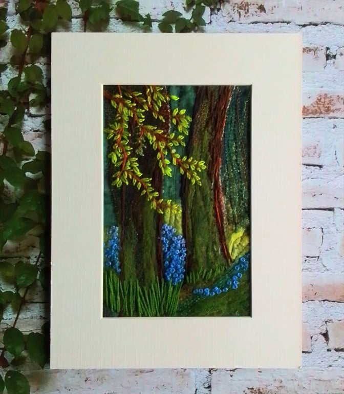 Bluebell woodland picture needle felted and embroidered. 