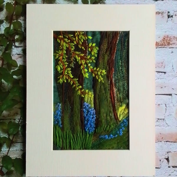 Bluebell woodland picture needle felted and embroidered. 