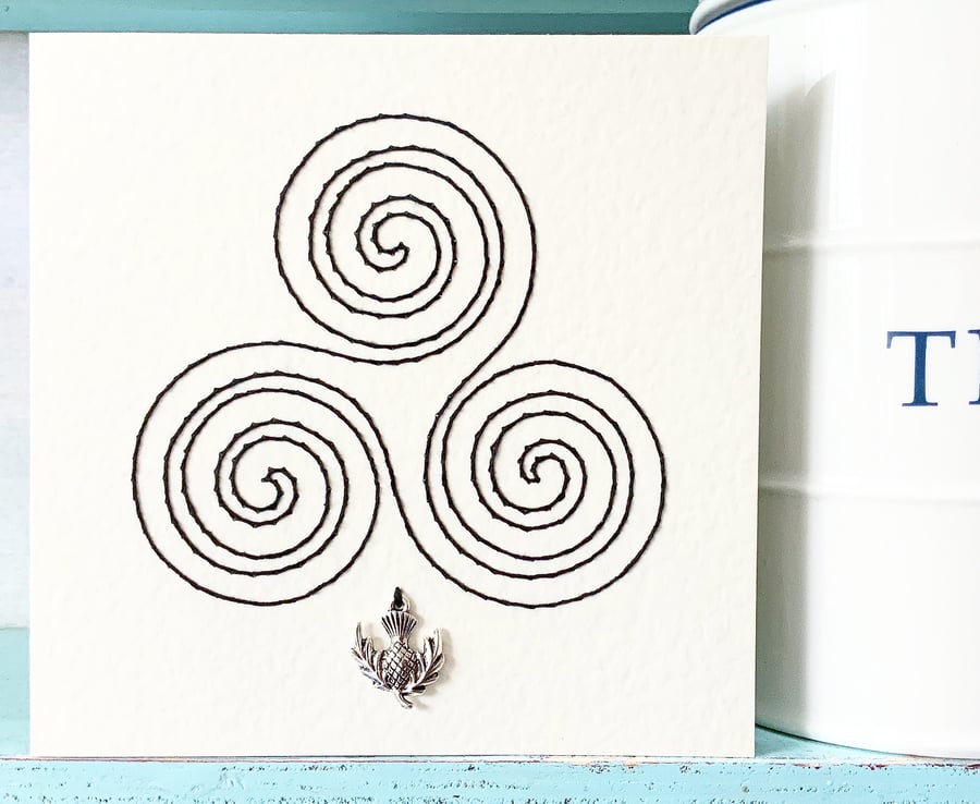 Celtic Knot. Hand Sewn Card. Celtic Triskele Card. Scottish Card. Charm Card.