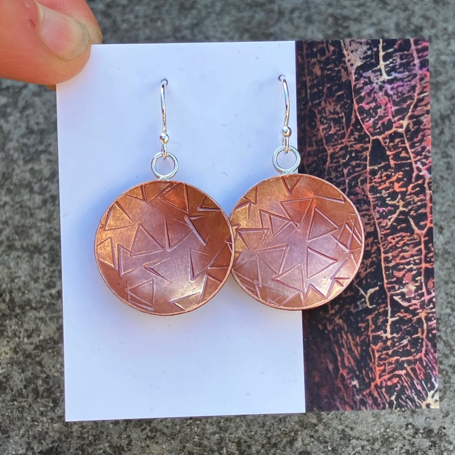 Copper bowl dangle earrings with sterling silver hooks.