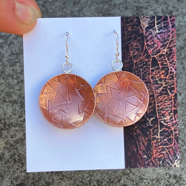 Copper bowl dangle earrings with sterling silver hooks.