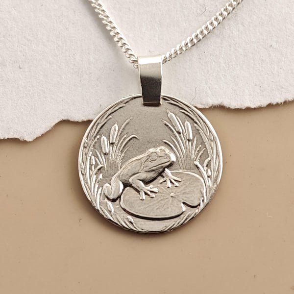 Frog Engraved Sterling Silver Coin Necklace
