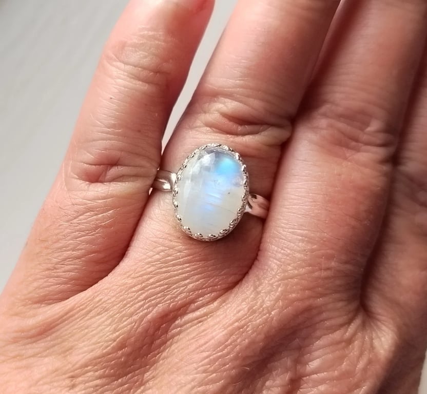 Sterling Silver Blue Flash Moonstone Adjustable Ring Handmade Jewellery Gift