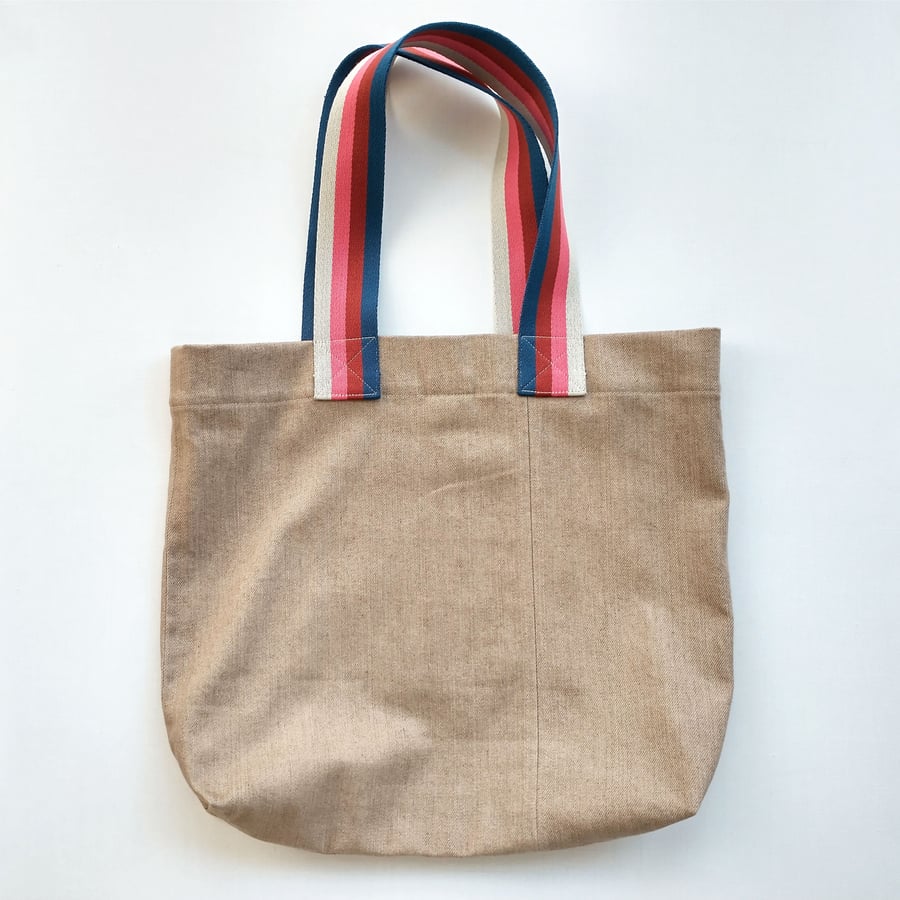 Medium Size Tote Bag in Strong Beige Denim with Stripe Handles. One-of-a-kind 