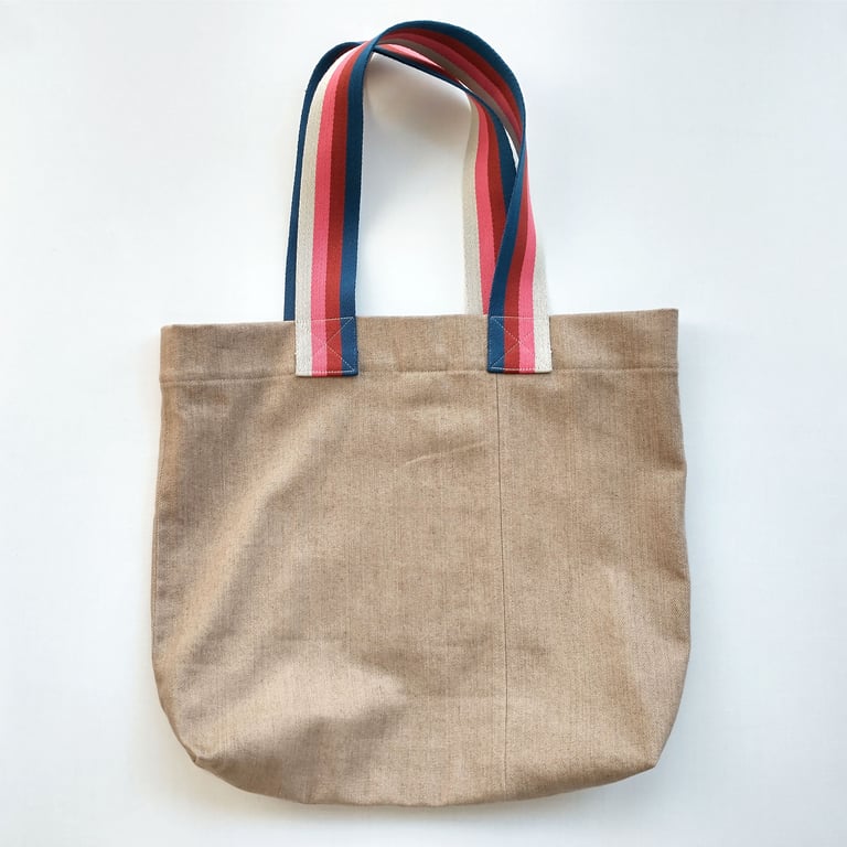 Medium Size Tote Bag in Strong Beige Denim with Stripe Handles. One-of-a-kind 