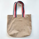 Medium Size Tote Bag in Strong Beige Denim with Stripe Handles. One-of-a-kind 