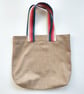 Medium Size Tote Bag in Strong Beige Denim with Stripe Handles. One-of-a-kind 