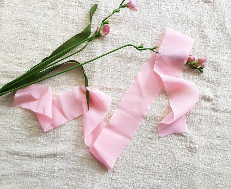 Pink quartz 100% silk crepe de chine ribbon with raw edge