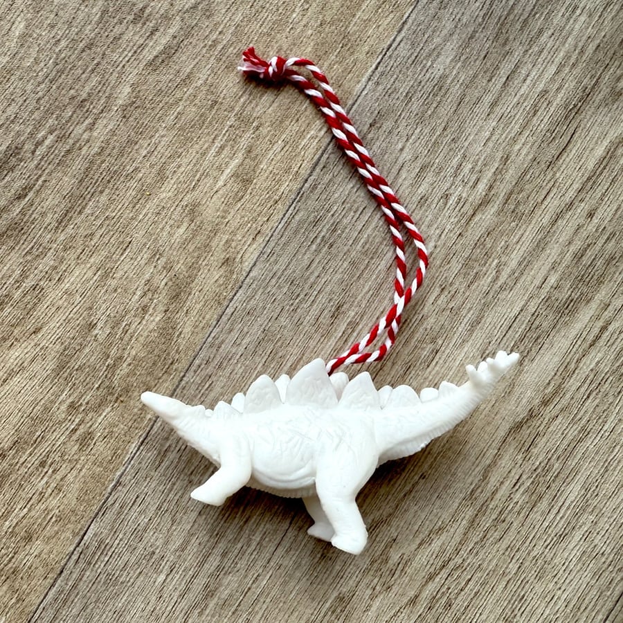 White Stegosaurus Dinosaur Ornament - Upcycled Toy